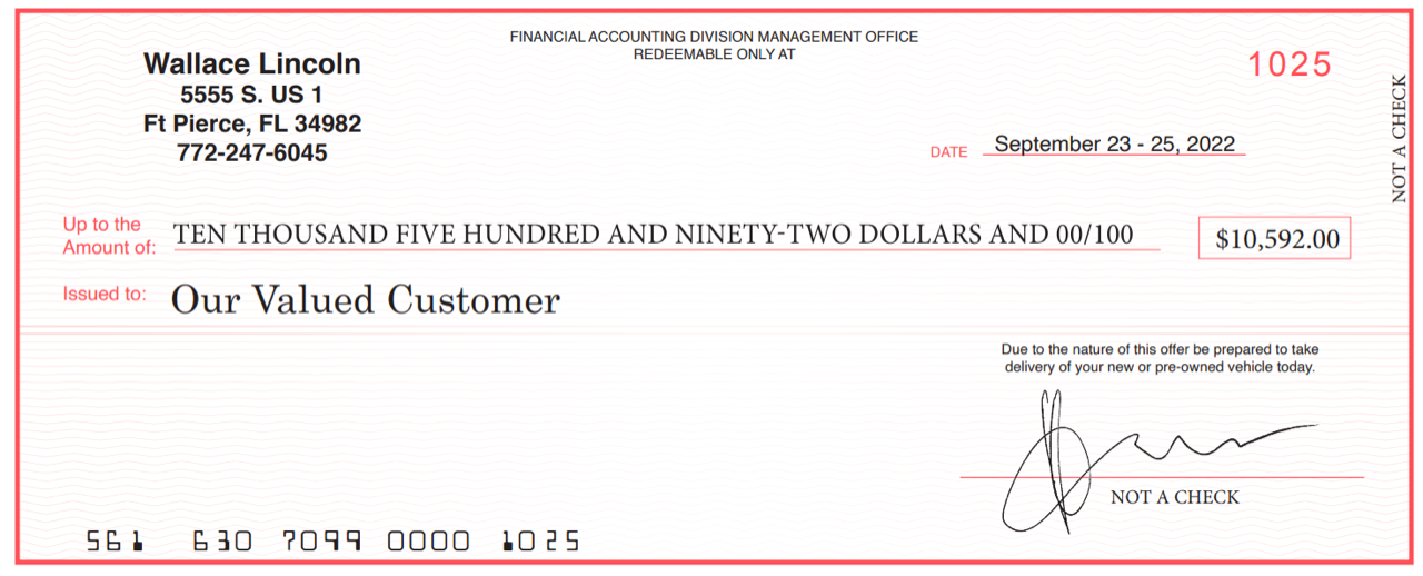 Redeemable at Wallace Lincoln